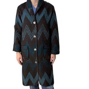 Vintage Rhonda Stark Brown Blue Aztec Western Wool Blend Ranch Chore Trench Coat
